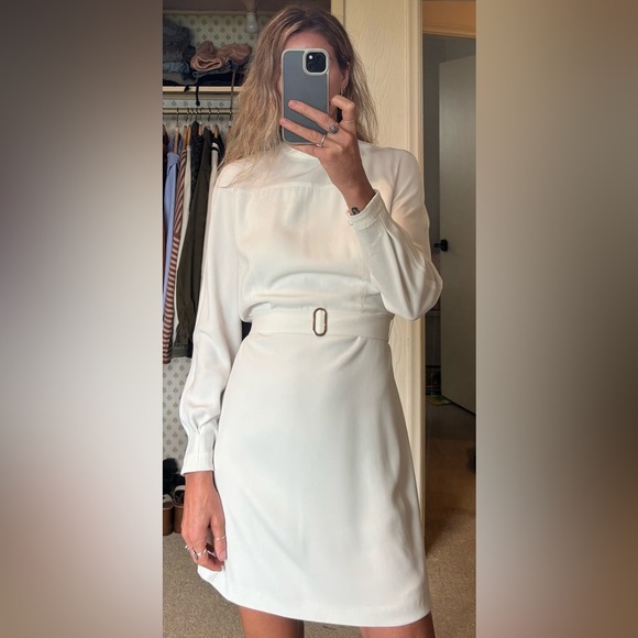 Judith and Charles White Long Sleeve Mock Neck Belted Bridal Holiday Mini Dress - Picture 4 of 16